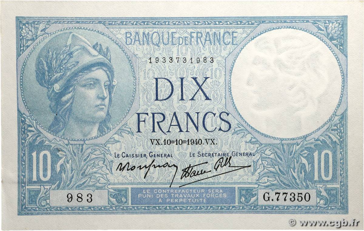 10 Francs MINERVE modifié FRANCE 1940 F.07.16 SUP+