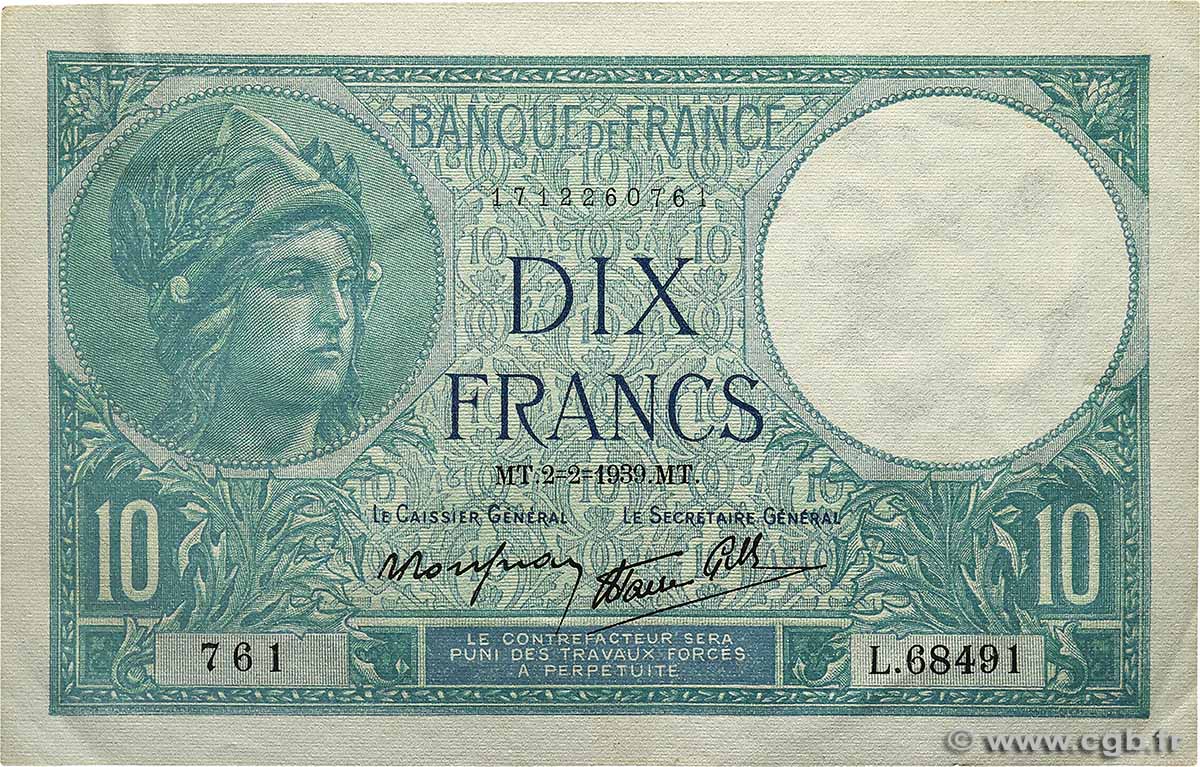 10 Francs MINERVE modifié FRANCE 1939 F.07.01 SUP