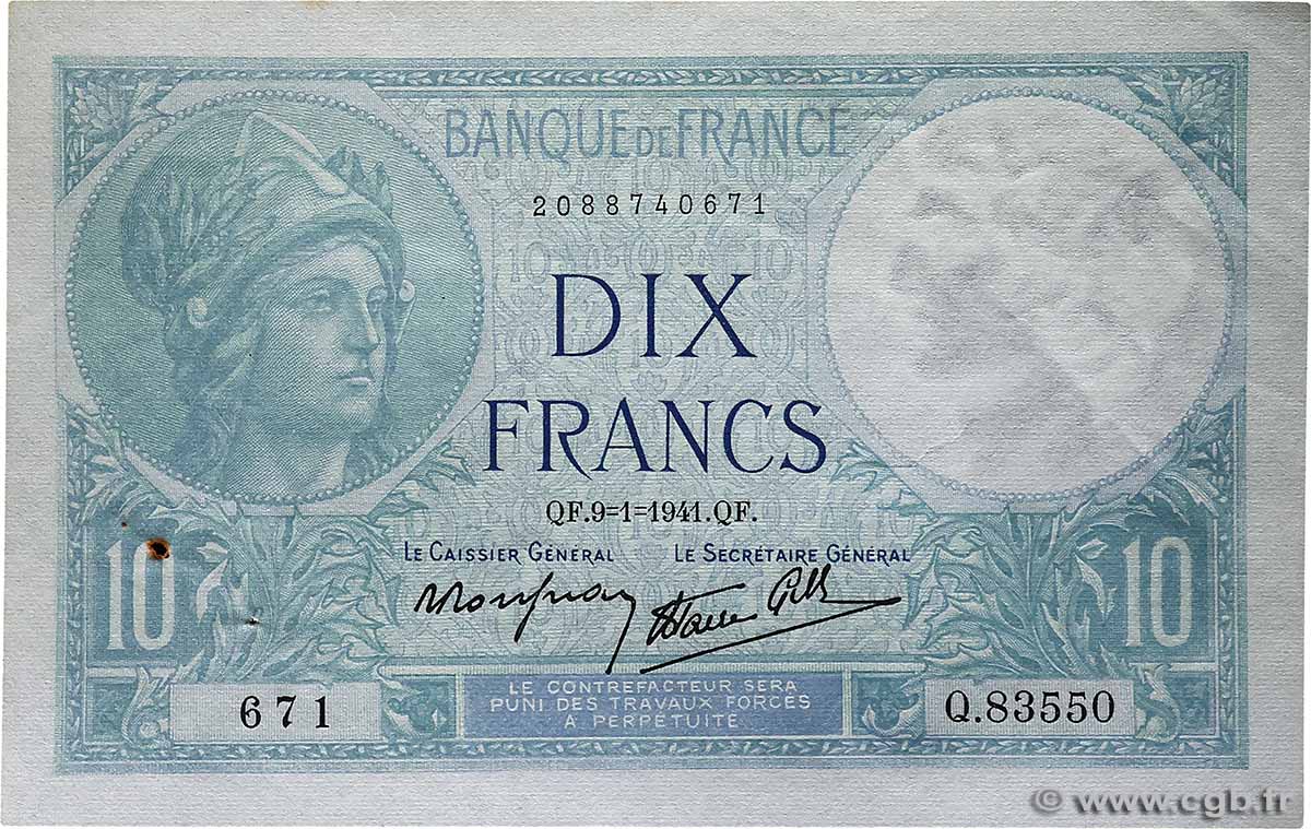 10 Francs MINERVE modifié FRANCE 1941 F.07.27 pr.SPL