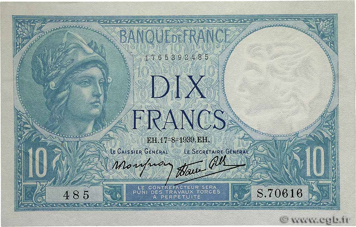 10 Francs MINERVE modifié FRANCE 1939 F.07.05 SUP+