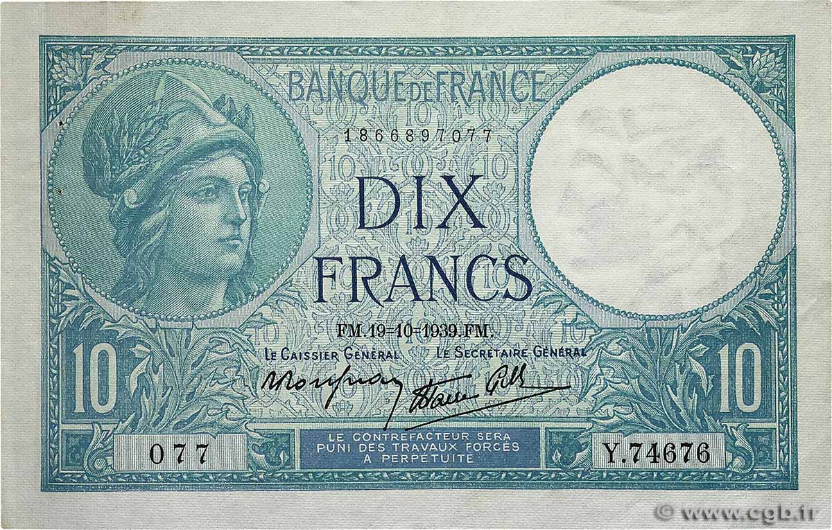 10 Francs MINERVE modifié FRANCE 1939 F.07.12 SUP