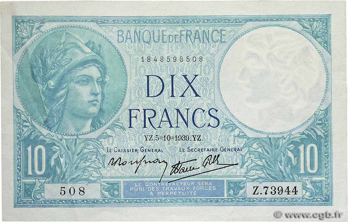 10 Francs MINERVE modifié FRANCE 1939 F.07.10 SUP