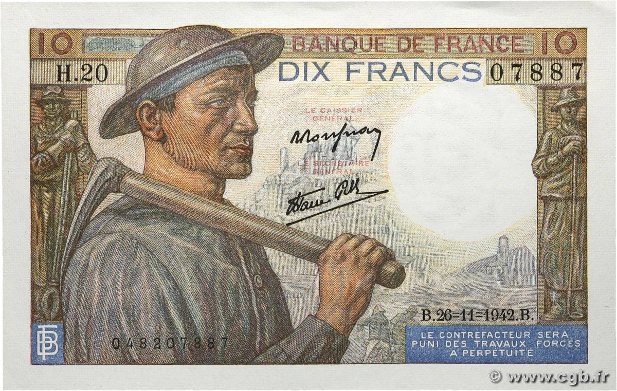 10 Francs MINEUR FRANCE 1942 F.08.06 pr.NEUF