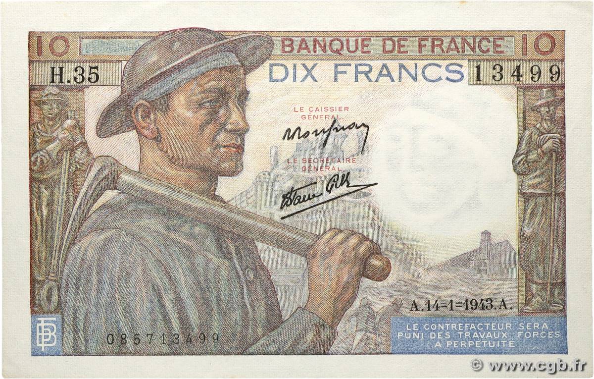 10 Francs MINEUR FRANCE 1943 F.08.07 SPL+