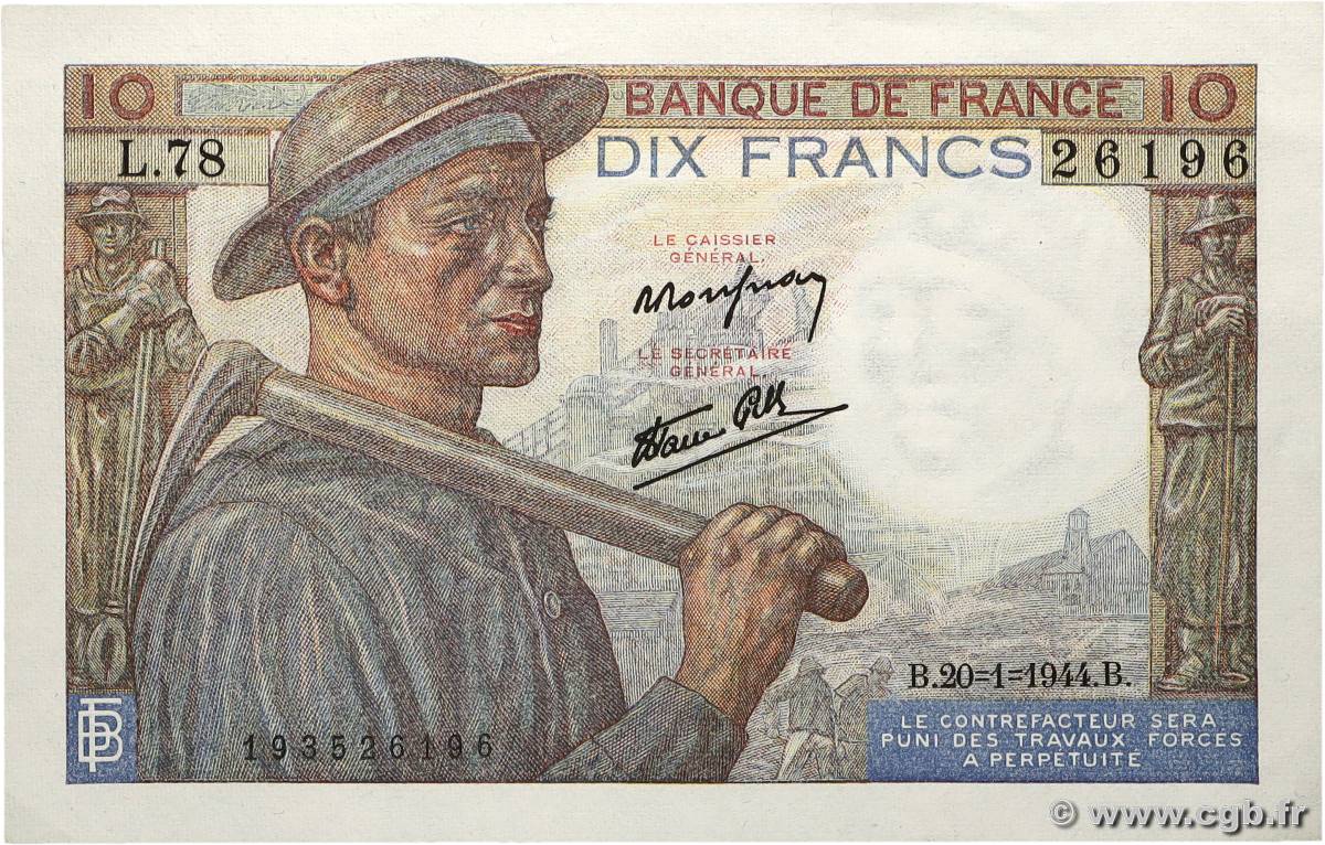 10 Francs MINEUR FRANCE 1944 F.08.11 UNC-