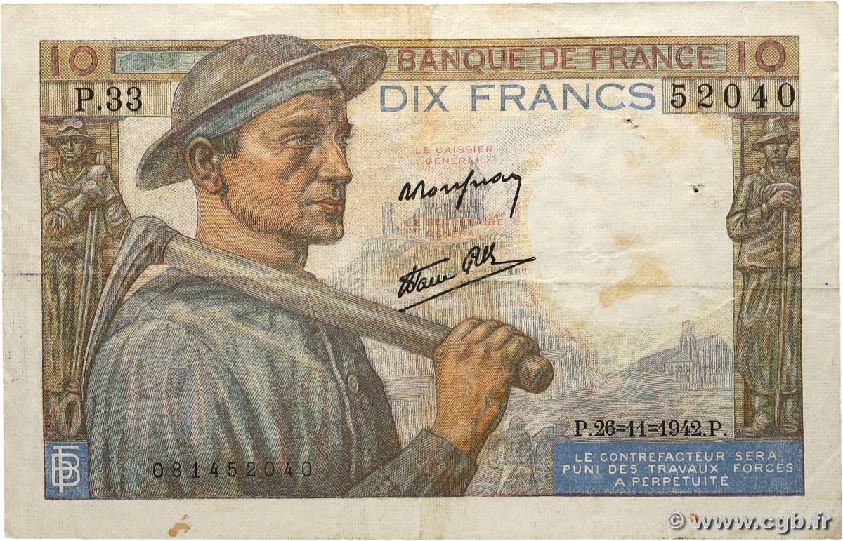 10 Francs MINEUR FRANCE 1942 F.08.06 pr.TTB