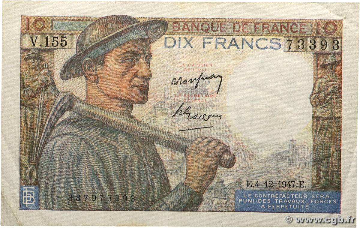 10 Francs MINEUR FRANCE 1947 F.08.19 pr.TTB