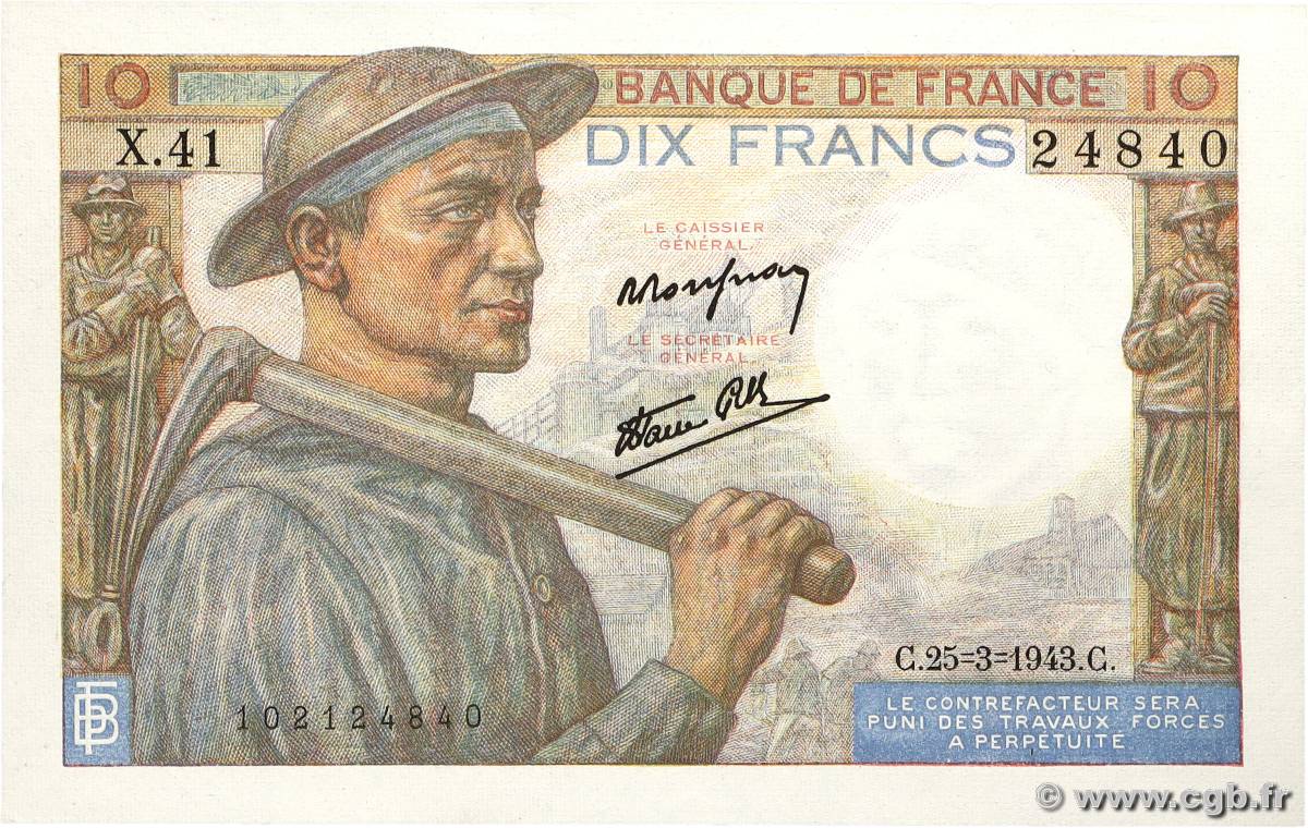 10 Francs MINEUR FRANCE 1943 F.08.08 AU