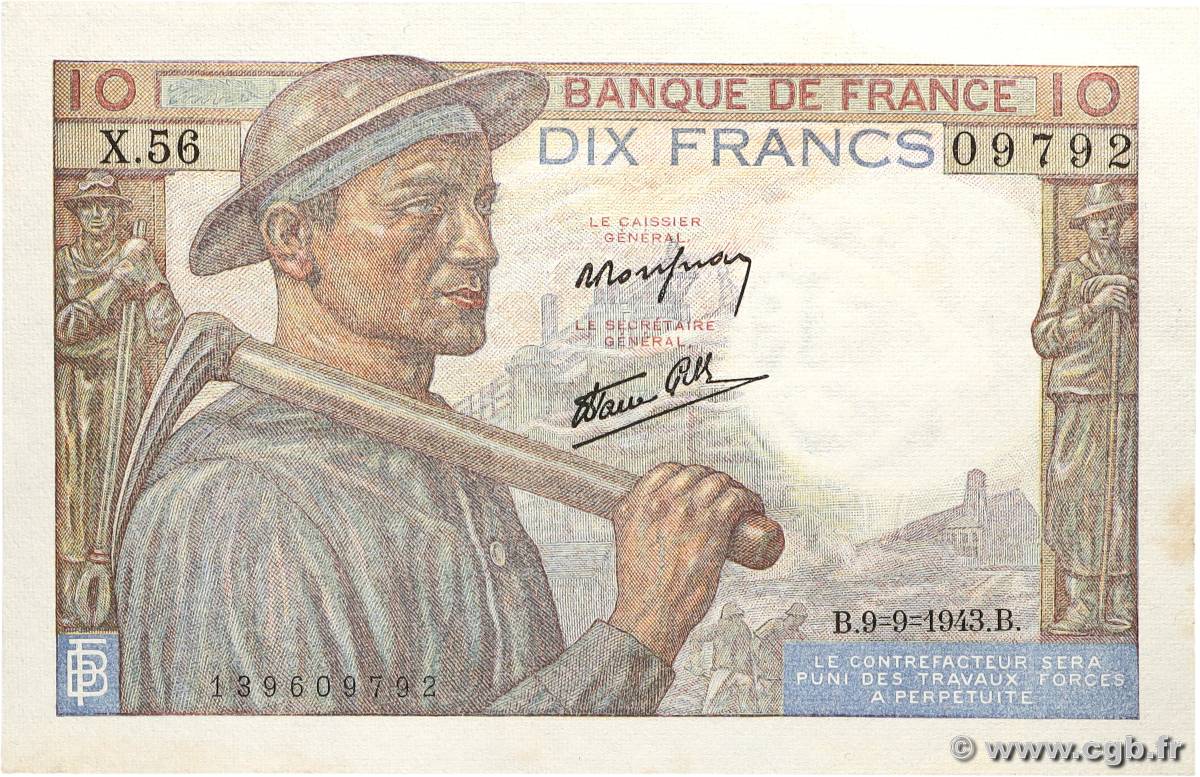 10 Francs MINEUR FRANCE 1943 F.08.09 SPL