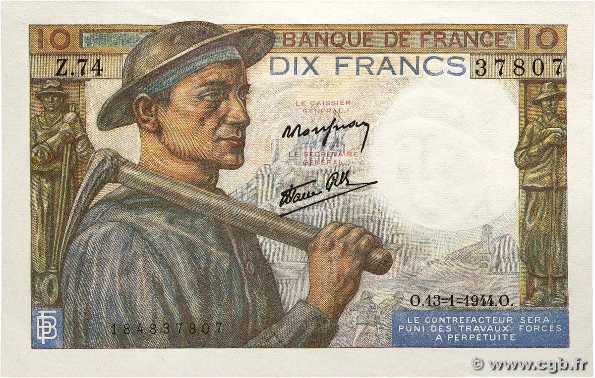 10 Francs MINEUR FRANCE 1944 F.08.10 SUP
