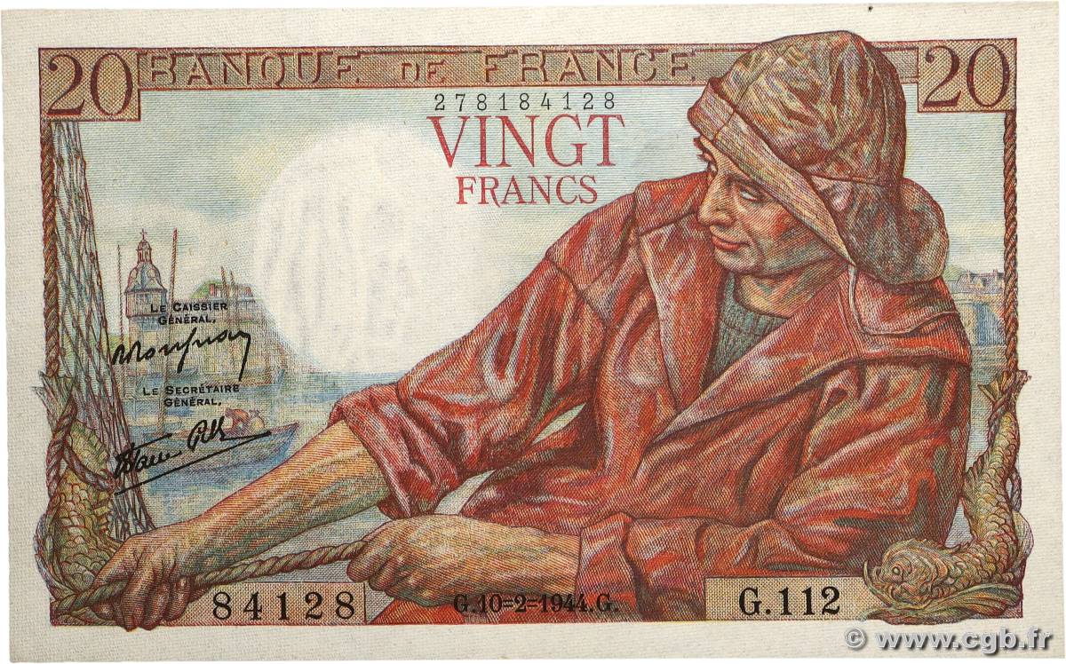 20 Francs PÊCHEUR FRANCE 1944 F.13.08 NEUF