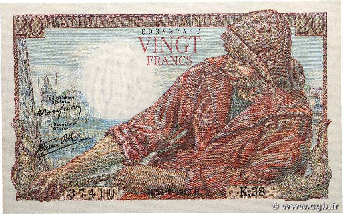 20 Francs PÊCHEUR FRANCE 1942 F.13.03 SPL