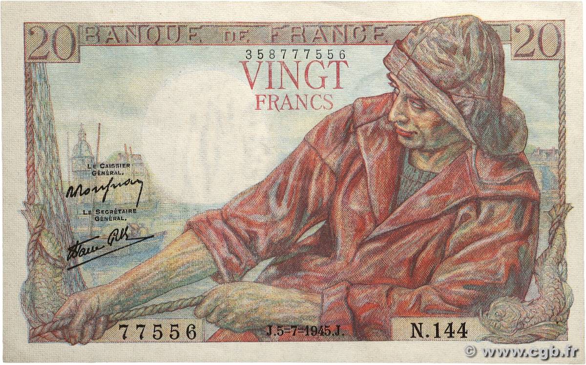 20 Francs PÊCHEUR FRANCE 1945 F.13.10 pr.SPL