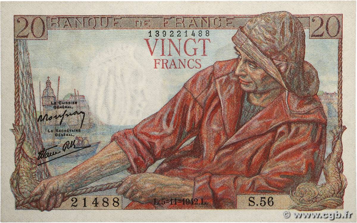 20 Francs PÊCHEUR FRANCE 1942 F.13.04 pr.NEUF