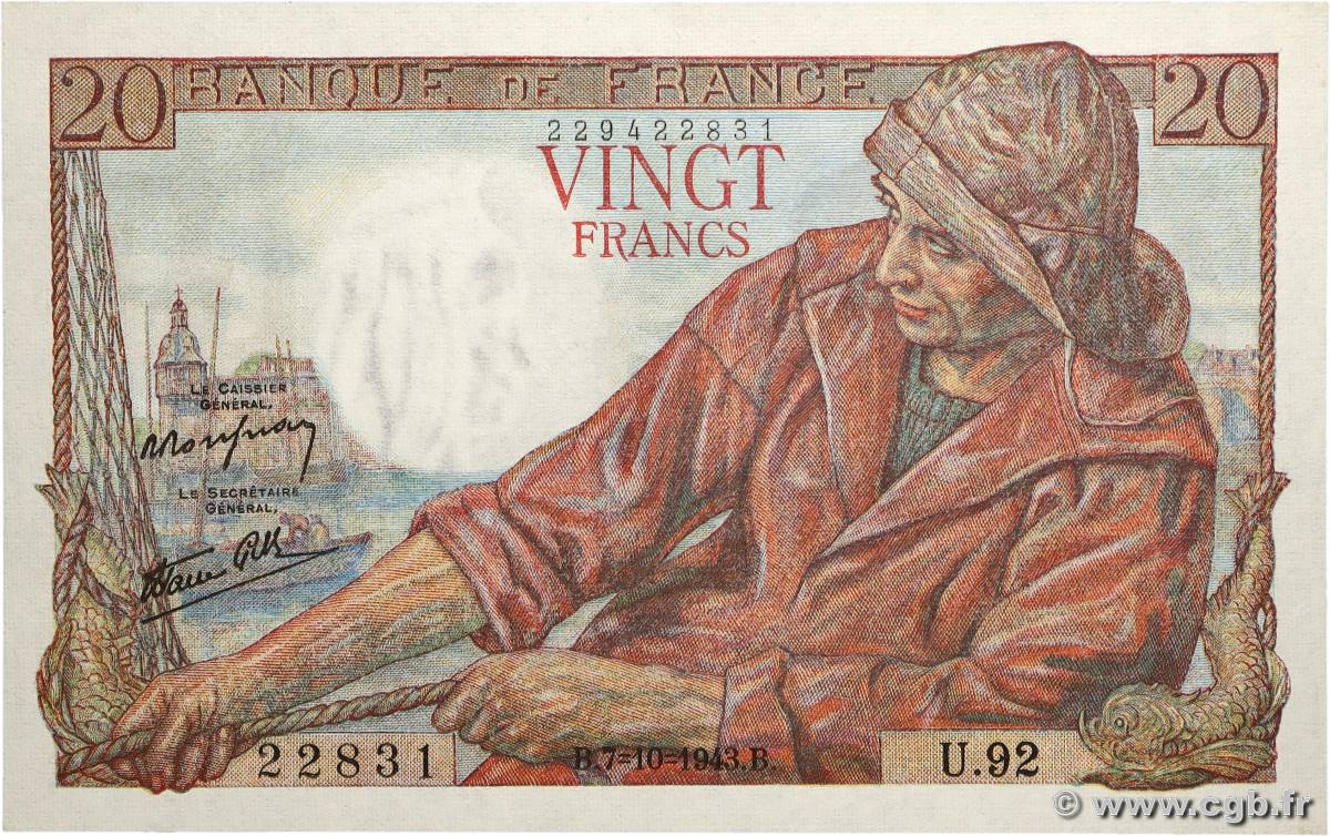 20 Francs PÊCHEUR FRANCE 1943 F.13.07 NEUF