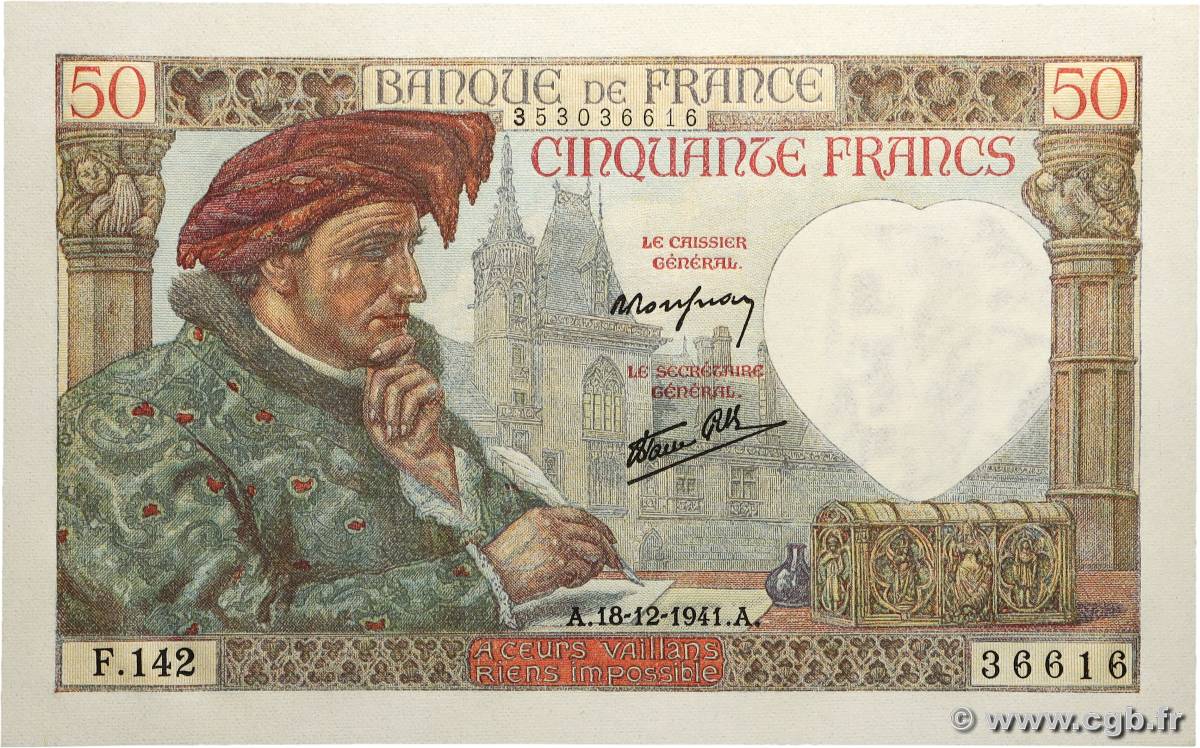 50 Francs JACQUES CŒUR FRANCE 1941 F.19.17 NEUF