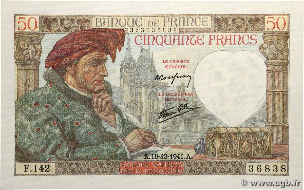50 Francs JACQUES CŒUR FRANCE 1941 F.19.17 NEUF