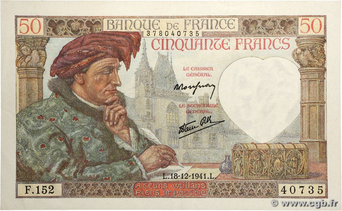 50 Francs JACQUES CŒUR FRANCE 1941 F.19.17 SUP