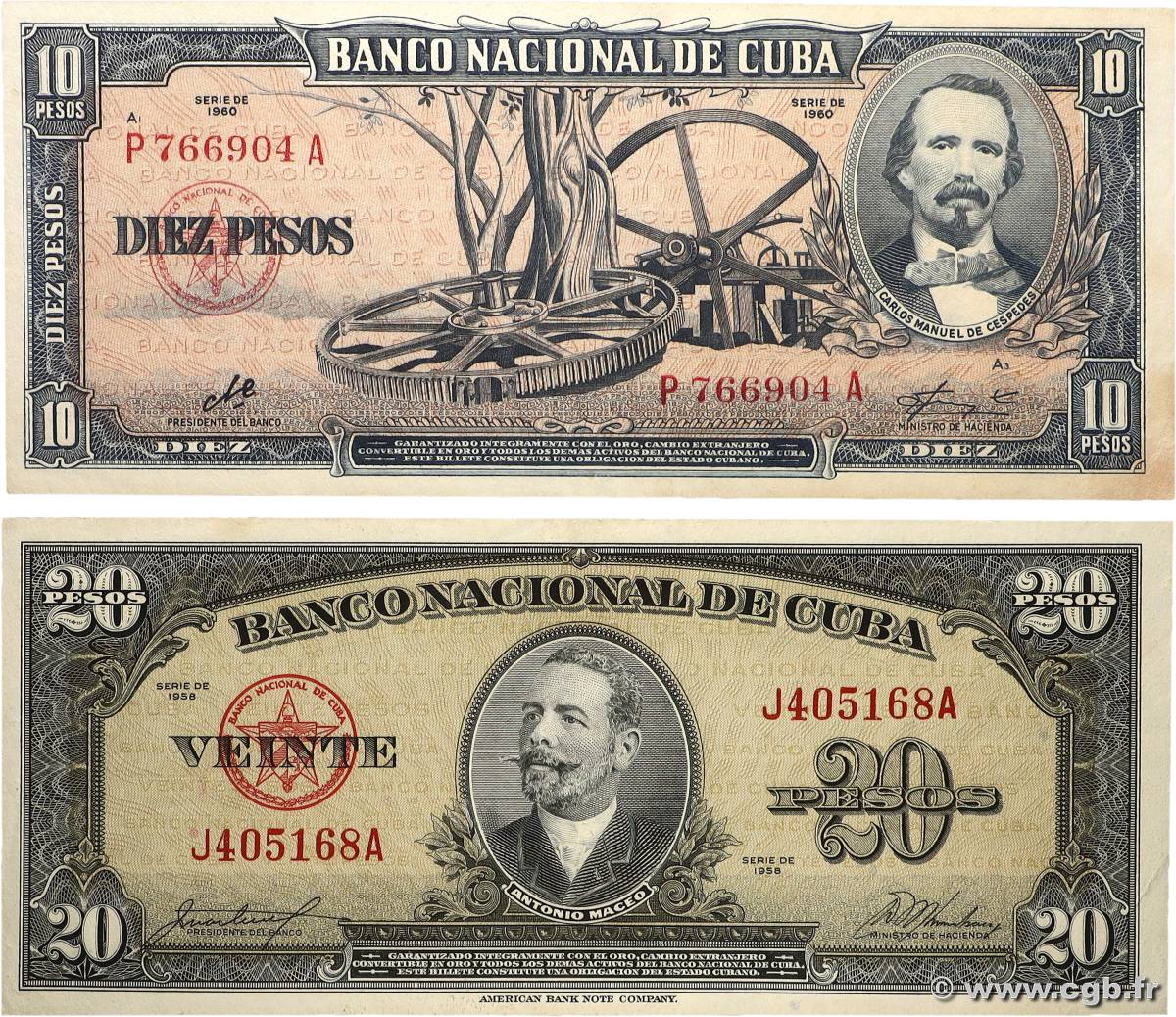 10 et 20 Pesos Lot KUBA 1958 P.080b et P.088c fVZ