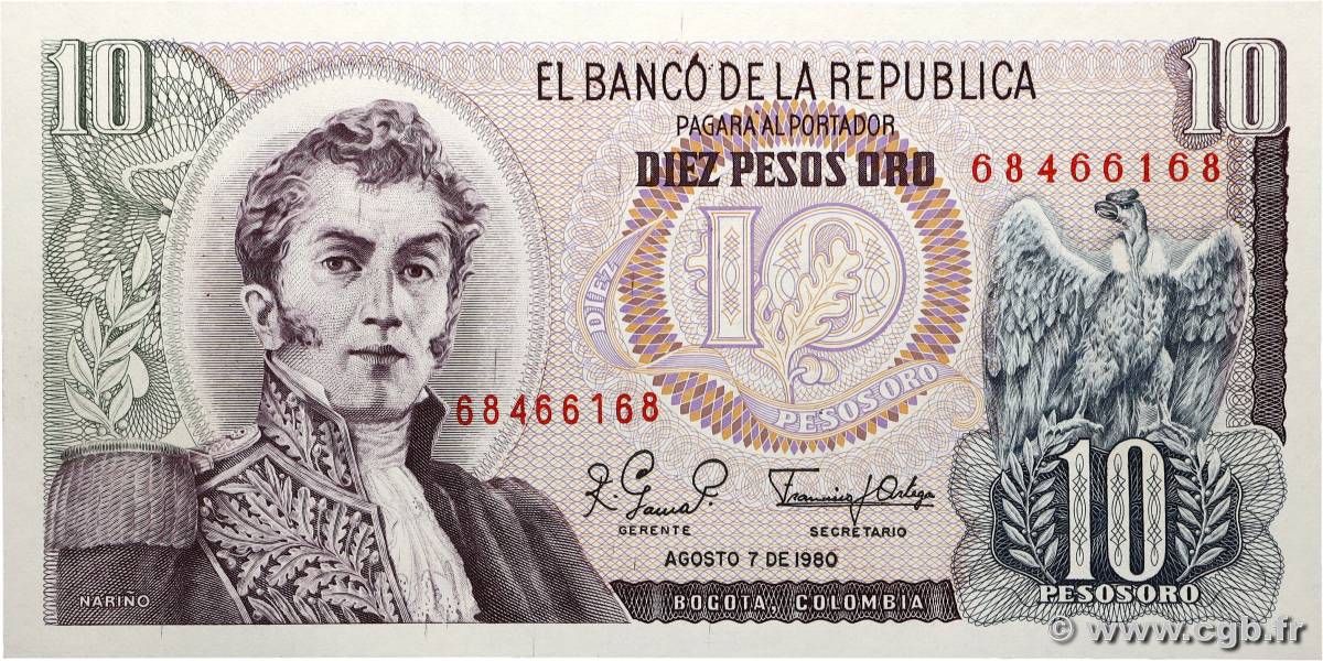 10 Pesos Oro COLOMBIA 1980 P.407g UNC