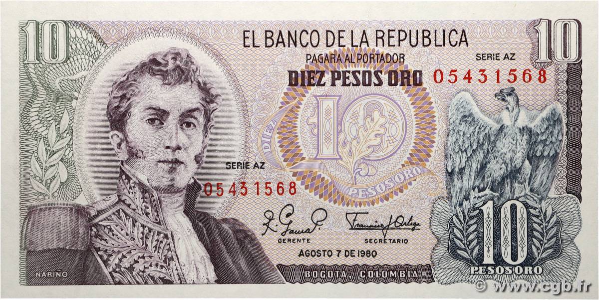 10 Pesos Oro Remplacement COLOMBIE 1980 P.407hr NEUF