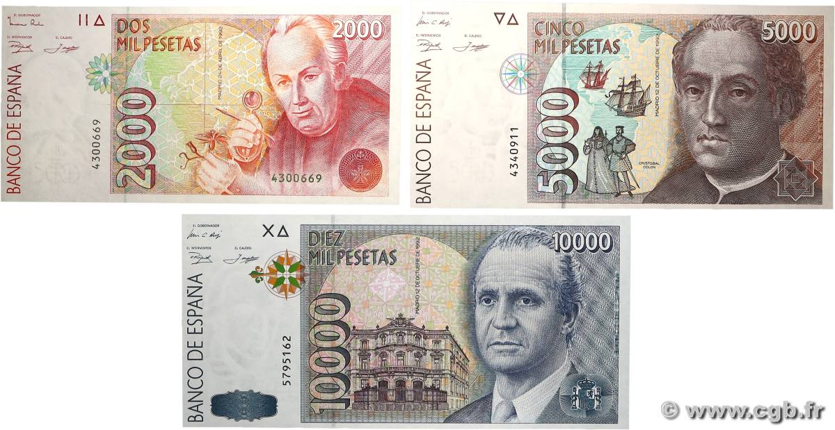 2000, 5000 et 10000 Pesetas Lot ESPAGNE 1992 P.162, P.165 et P.166 pr.NEUF
