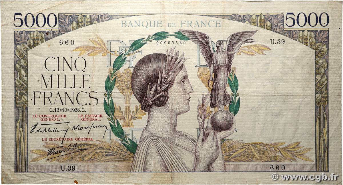 5000 Francs VICTOIRE modifié, taille douce FRANCIA 1938 F.45.01 MB
