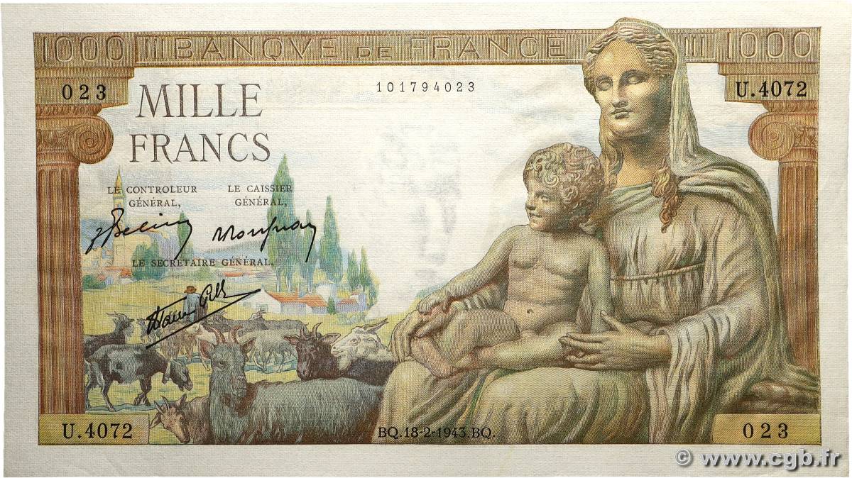 1000 Francs MINERVE ET HERCULE FRANKREICH 1948 F.41.19 fST+
