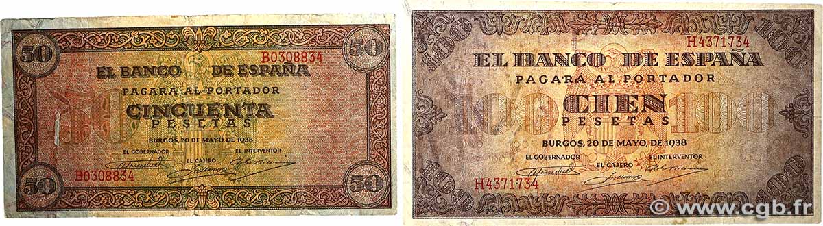 50 et 100 Pesetas Lot ESPAGNE 1938 P.112 et P.113 TB