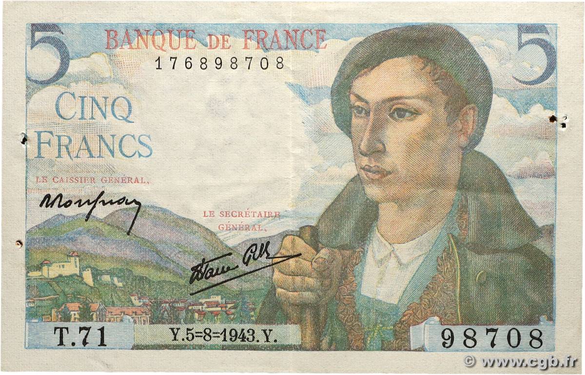 5 Francs BERGER FRANCE 1943 F.05.03 VF+