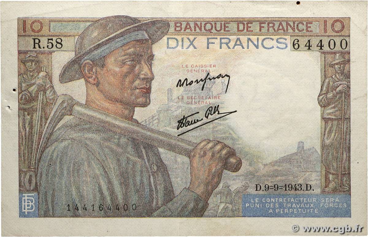 10 Francs MINEUR FRANCE 1943 F.08.09 VF