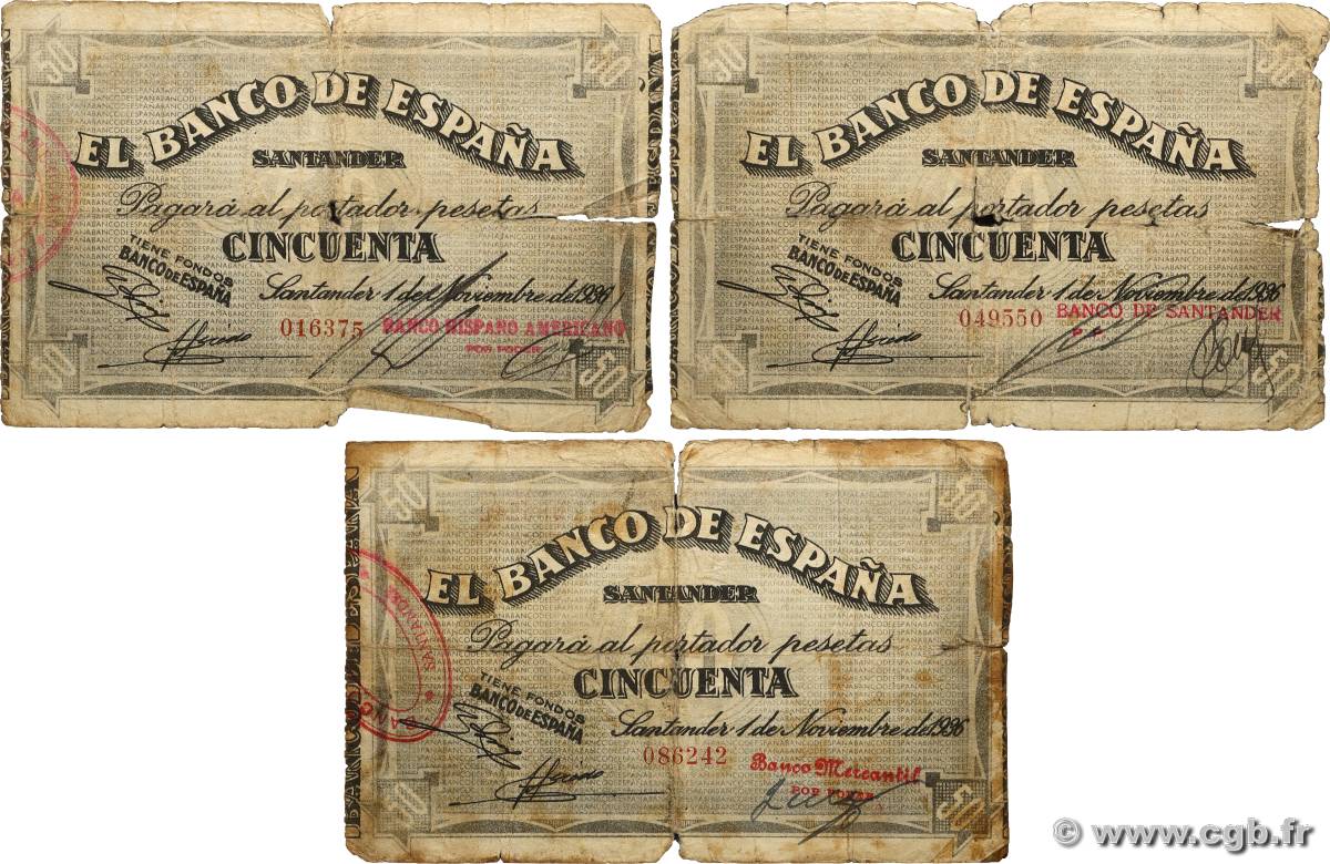 50 Pesetas Lot SPAIN Santander 1936 PS.584e G