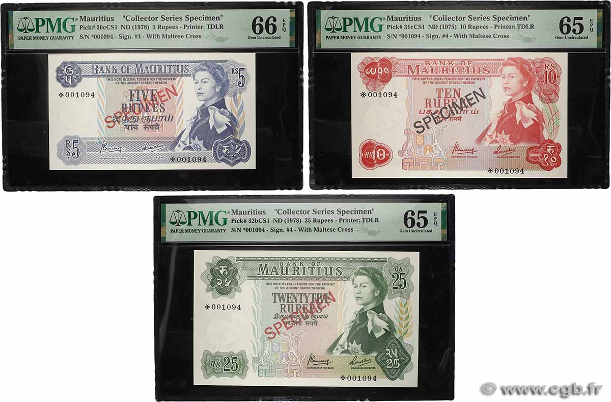 5, 10 et 25 Rupees Spécimen MAURITIUS 1967 P.30c , P.31c et P.32b UNC