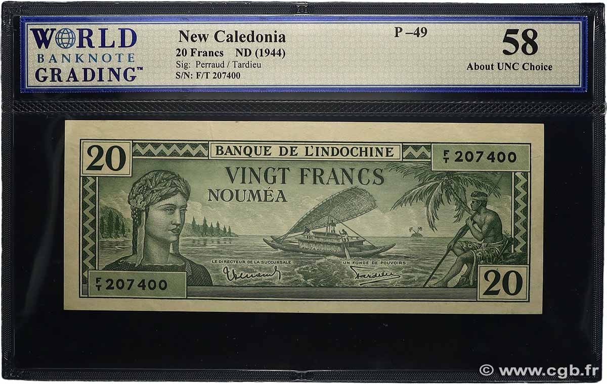 20 Francs NOUVELLE CALÉDONIE 1944 P.49 SPL