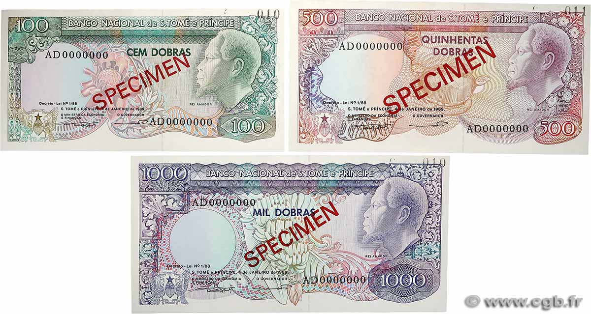 100, 500 et 1000 Dobras Spécimen SAO TOME E PRINCIPE 1989 P.060s, P.061s et P.062s UNC-