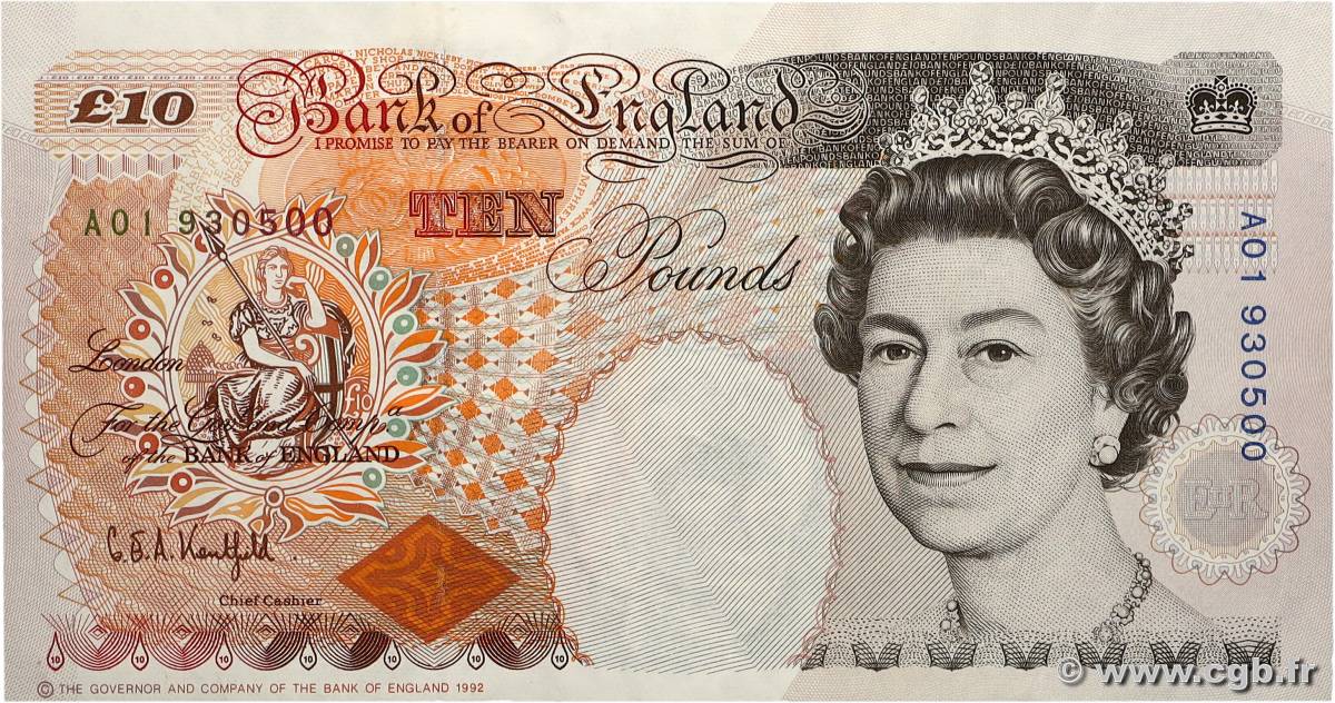 10 Pounds Petit numéro ENGLAND 1992 P.383a VF