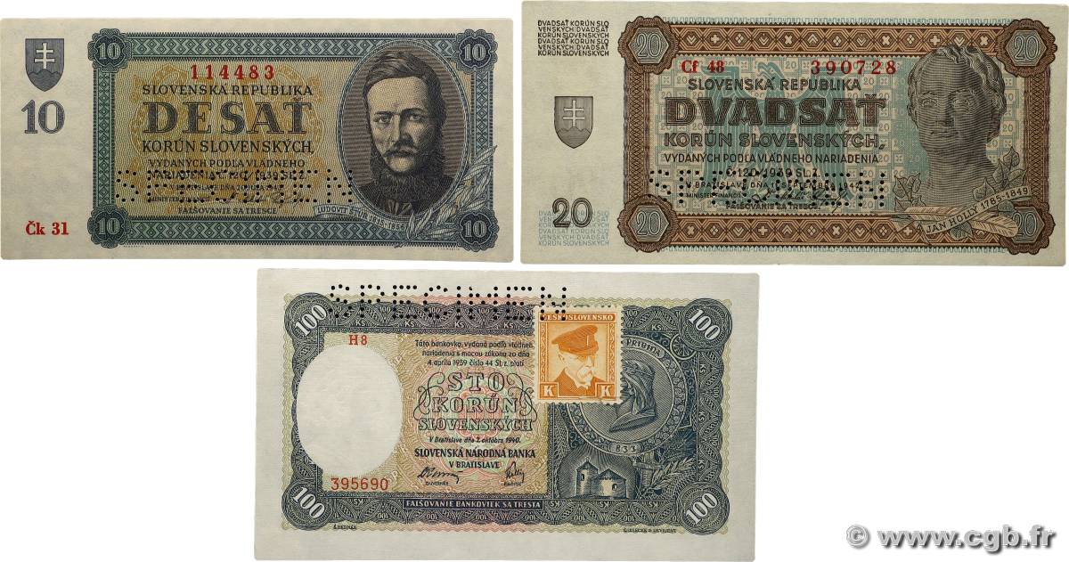 10, 20 et 100 Korun Spécimen SLOWAKEI 1942 P.06s, P.07s et P.11s ST