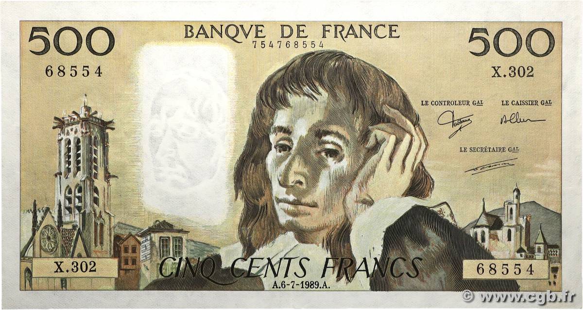 500 Francs PASCAL FRANKREICH 1989 F.71.42 fST