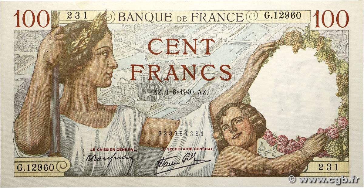 100 Francs SULLY FRANCE 1940 F.26.34 SUP+