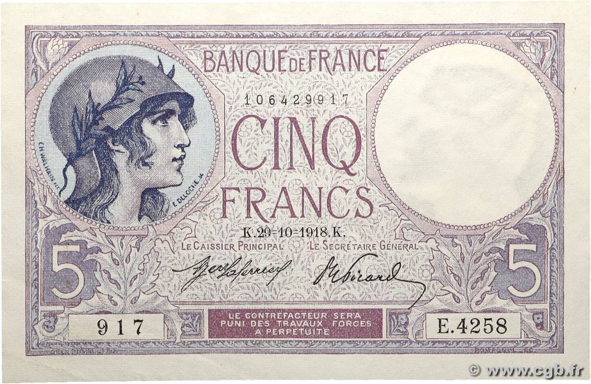 5 Francs FEMME CASQUÉE FRANCE 1918 F.03.02 XF