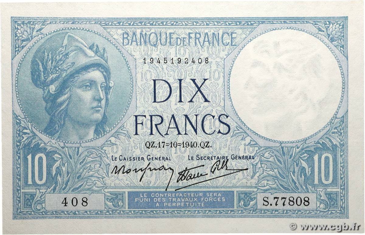 10 Francs MINERVE modifié FRANCE 1940 F.07.17 SPL