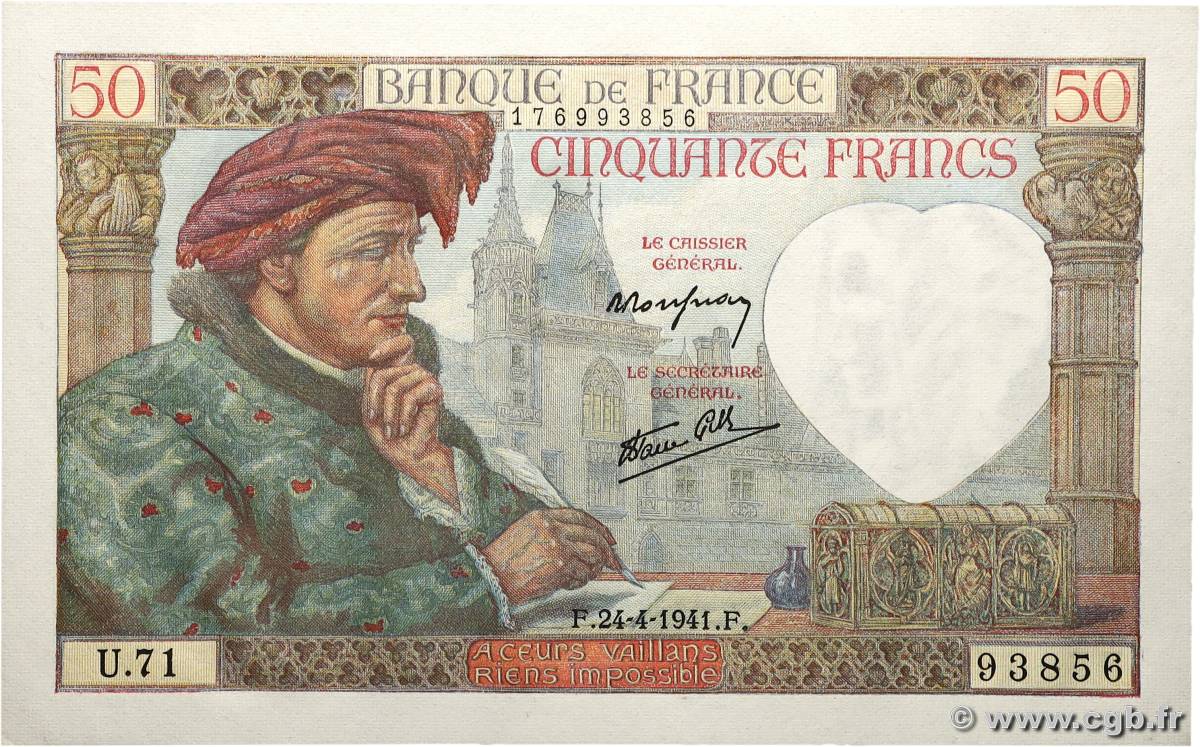 50 Francs JACQUES CŒUR FRANCE 1941 F.19.09 NEUF