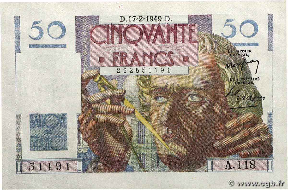 50 Francs LE VERRIER FRANCE 1949 F.20.11 pr.NEUF
