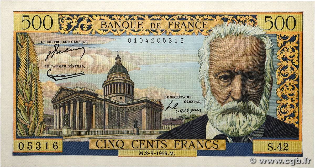 500 Francs VICTOR HUGO FRANKREICH 1954 F.35.03 fST+