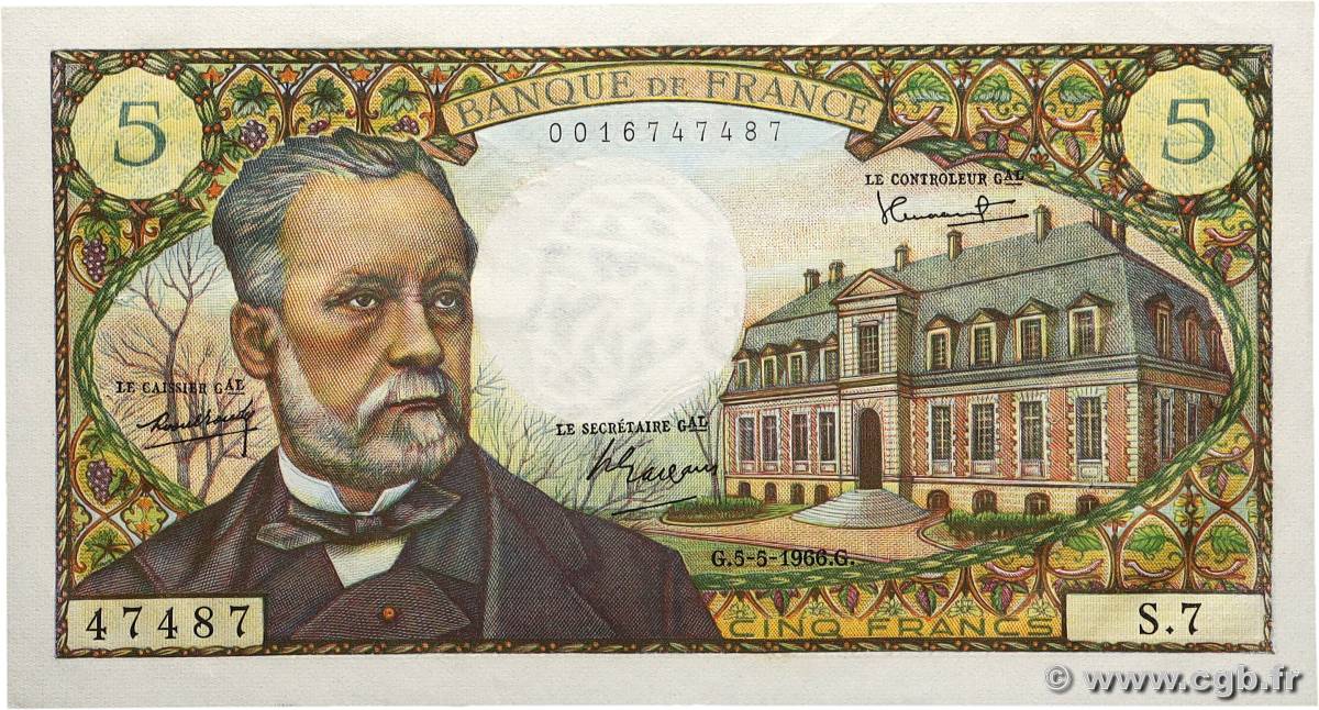 5 Francs PASTEUR FRANCE 1966 F.61.01 XF+