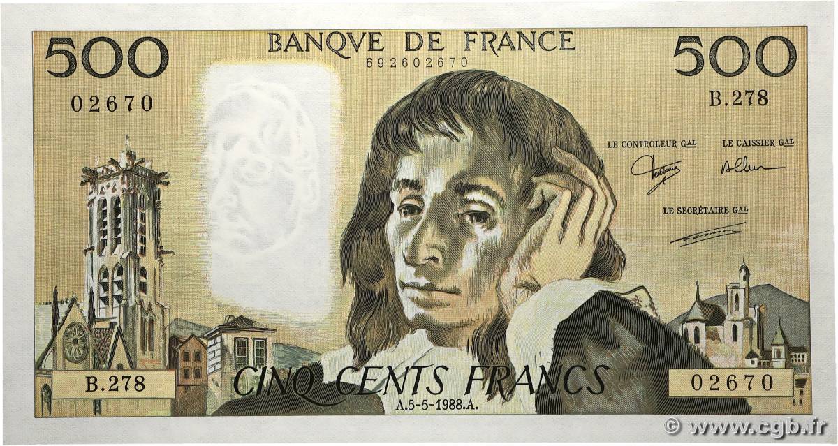 500 Francs PASCAL FRANCE 1988 F.71.39 pr.NEUF