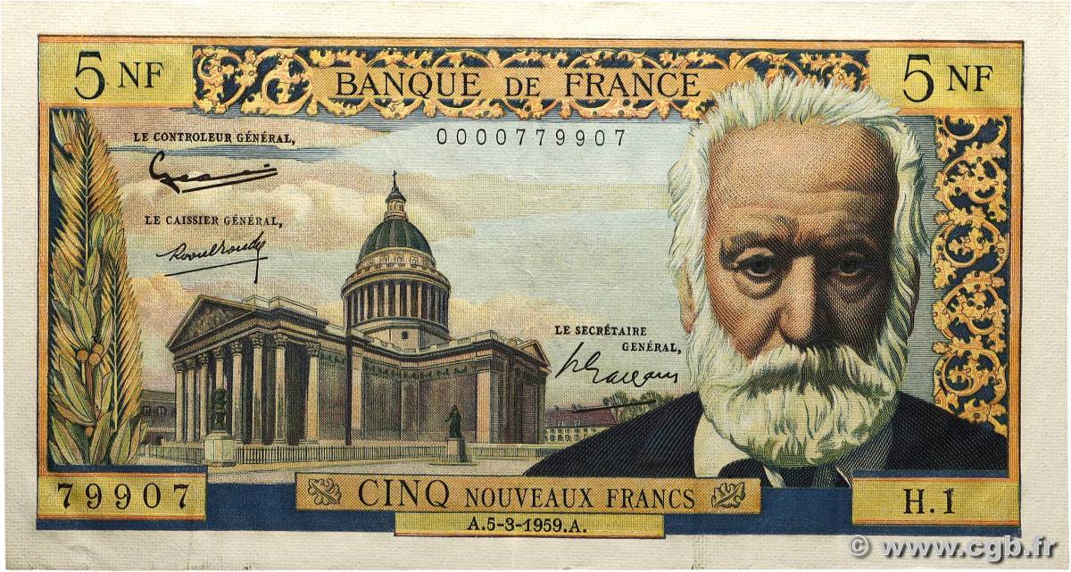 5 Nouveaux Francs VICTOR HUGO FRANCE 1959 F.56.01 TTB+