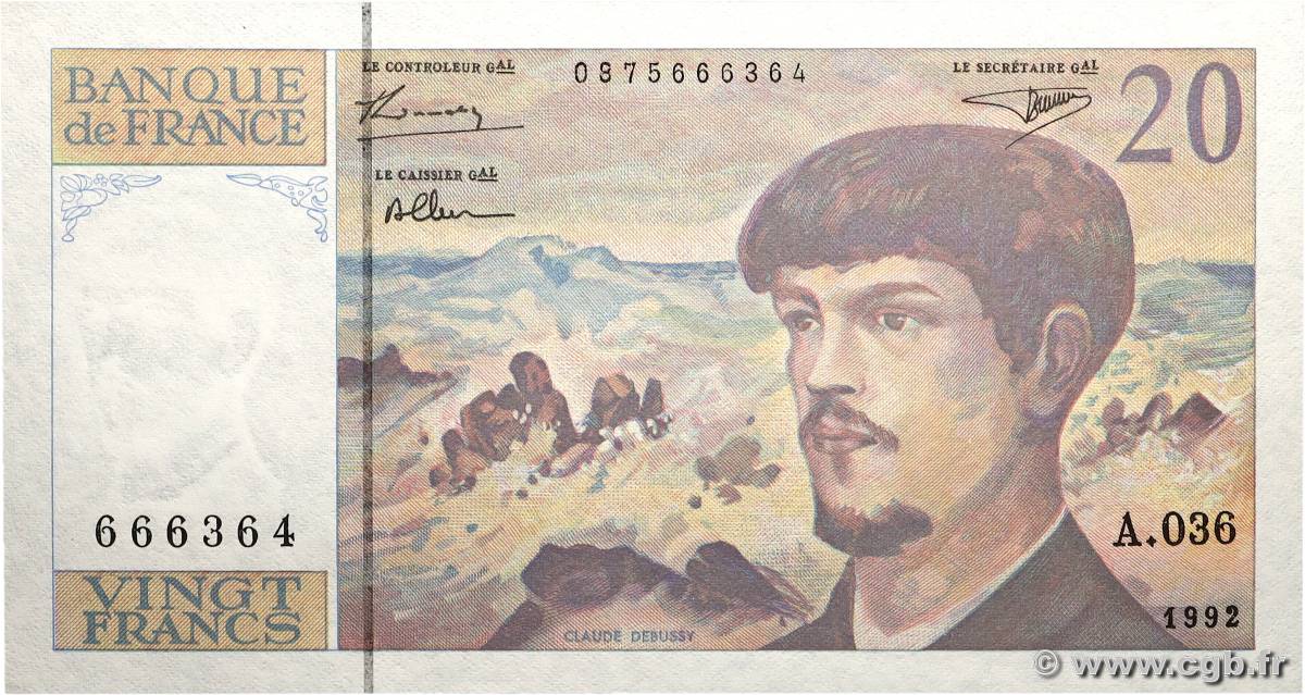 20 Francs DEBUSSY à fil de sécurité FRANCE 1992 F.66bis.03A36 pr.NEUF