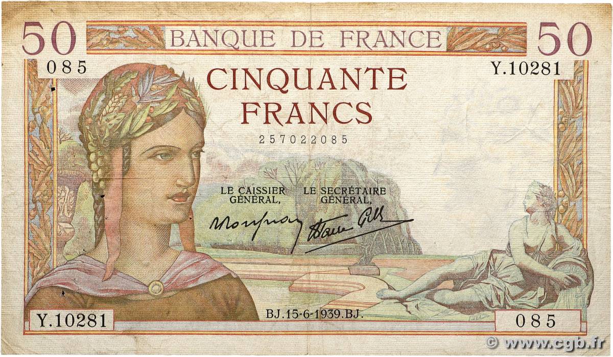 50 Francs CÉRÈS modifié FRANCE 1939 F.18.26 B
