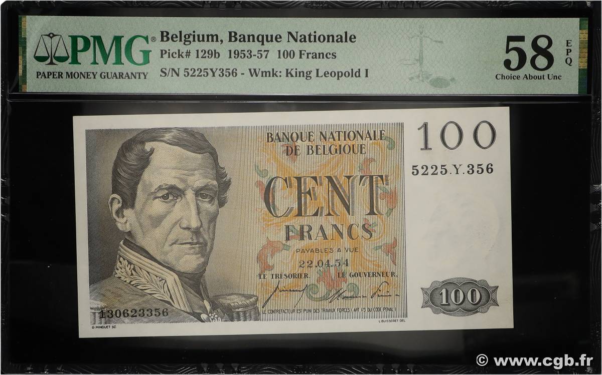 100 Francs BELGIEN 1954 P.129b fST